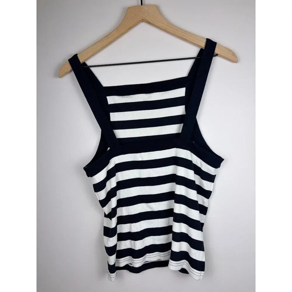 J.Crew Black White Striped Ribbed Square Neck Tank Top Large